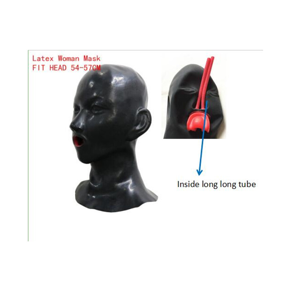 (woman long tube) Hot 3D latex human hood mask closed eyes fetish hood with red mouth sheath