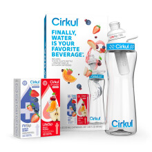 Cirkul 22oz. BPA-Free Plastic Water Bottle Starter Kit with Blue Lid, 2 Flavor Cartridges (1 LifeSip Fruit Punch, 1 FitSip Mixed Berry) Zero Calories