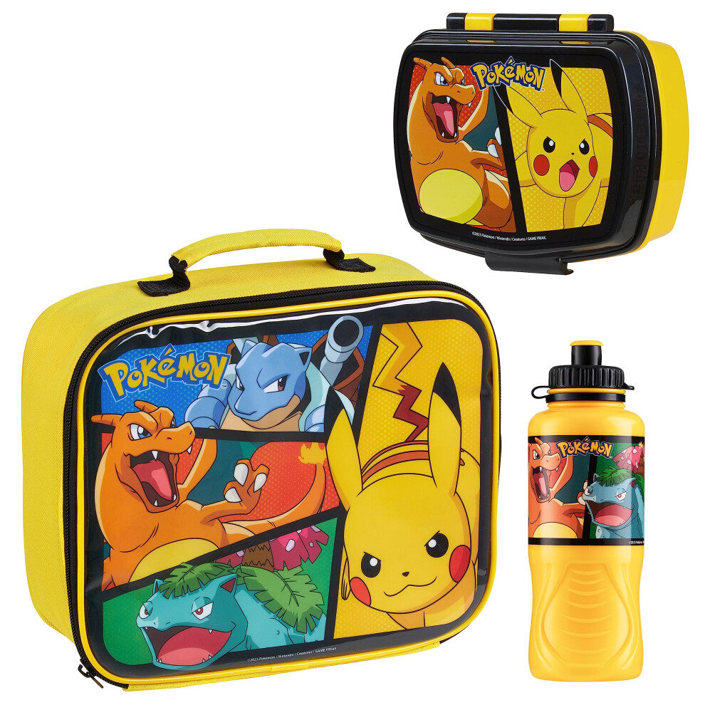 Pokemon Kids Insulated Lunch Bag, Box and Bottle, 3 Piece Set - Anime Gifts (Yellow)