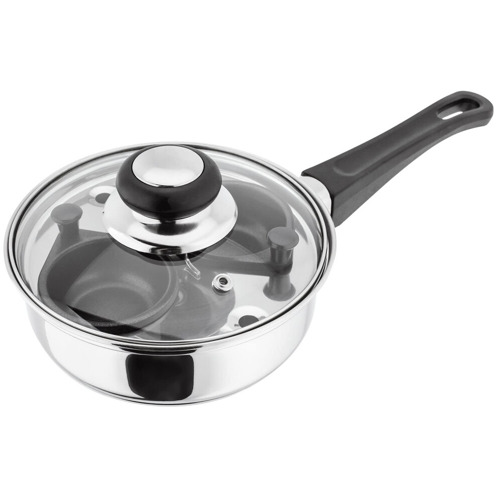 Judge Essentials Two Cup Egg Poacher and Stainless Steel Frying Pan, 16cm, Vented Glass Lid and Stay-Cool Handle