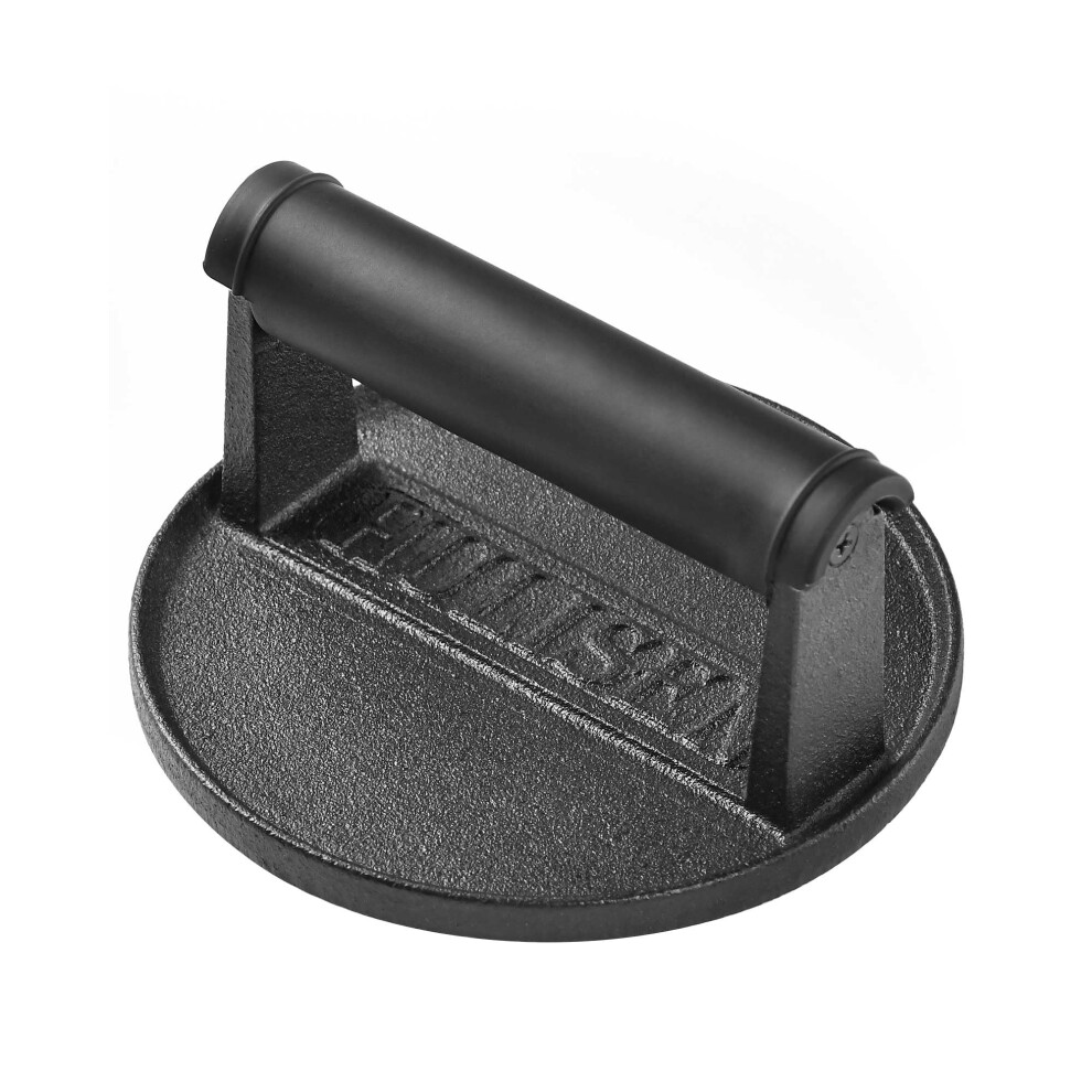 HULISEN Pre-Seasoned Cast Iron Burger Press, Heavy Duty Burger Smasher for Griddle with Heat Resistant Handle, Grill Press for Hamburger, Bacon, Meat,