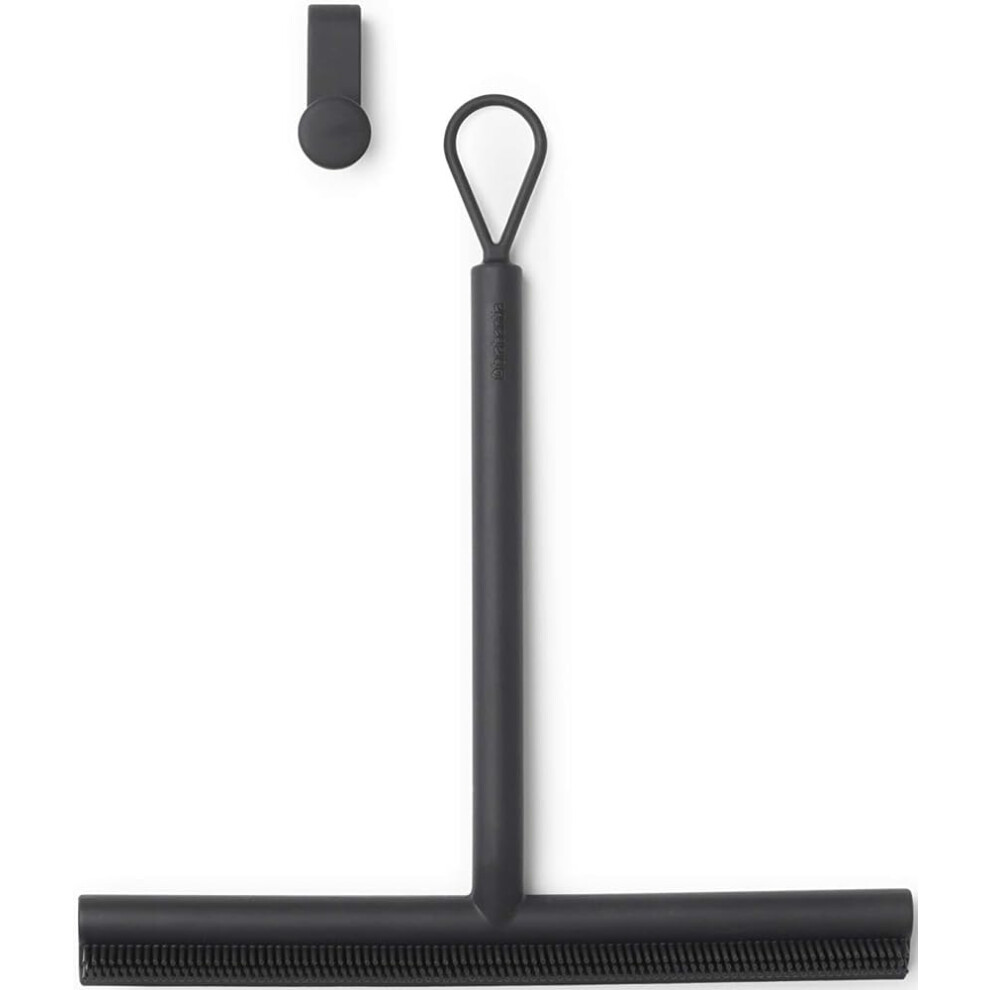 Brabantia Silicone Shower Squeegee with Hook (Dark Grey) Anti Streak Cleaning Wiper for Bathroom Glass, Plastic, Tile - Doublesided Brush & Rim Design