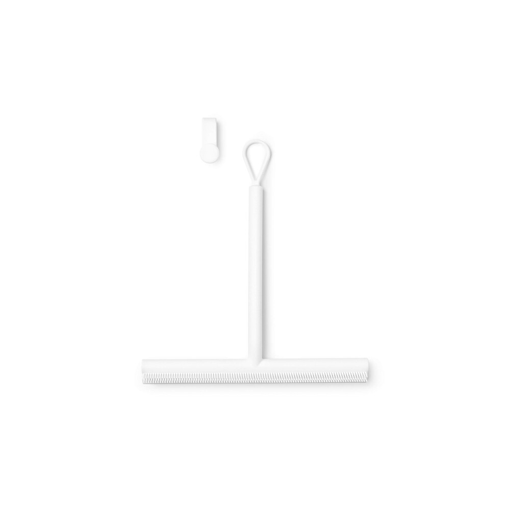 Brabantia Silicone Shower Squeegee with Hook (White) Anti Streak Cleaning Wiper for Bathroom Glass, Plastic, Tile - Doublesided Brush & Rim Design