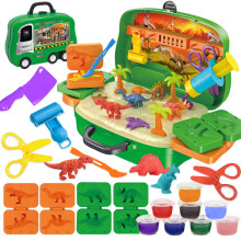 Crelloci Dinosaur Color Dough Set Tools Dino World 26 PCS Playsets Toy Clay Accessaries Dough and Moulds in a Portable Case with Wheels for Kids
