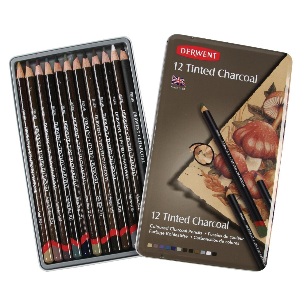 1 X Derwent Tinted Charcoal Pencils Tin (Set of 12)