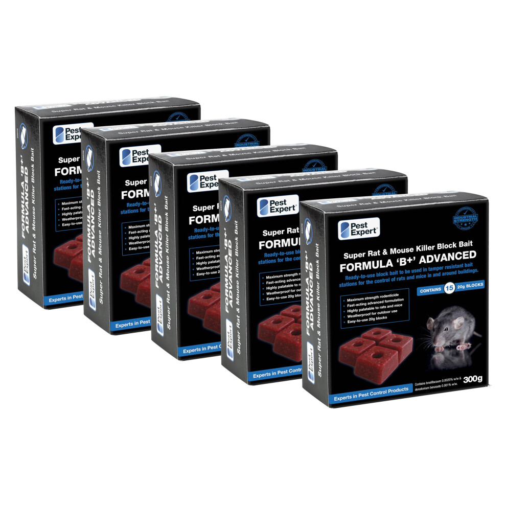 Pest Expert Formula B+ Advanced Rat & Mouse Killer Poison Bait Blocks 1.5kg (5 x 300g) - Rat Poisoning Super Strength, Single Feed Brodifacoum