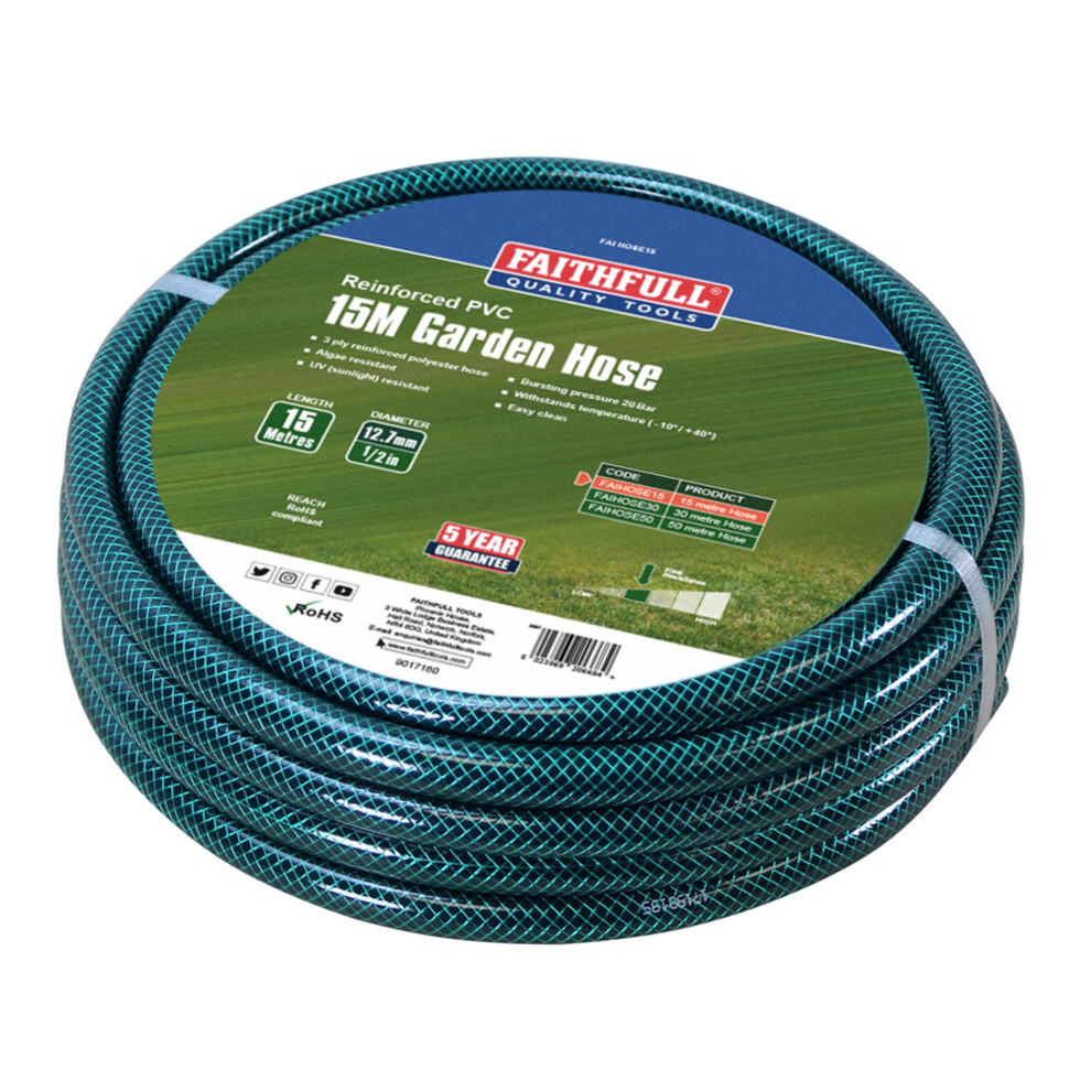 Faithfull 15M (49ft) Reinforced Hose 12.7mm (1/2 Inch) Diameter ? PVC Garden Hose Pipe
