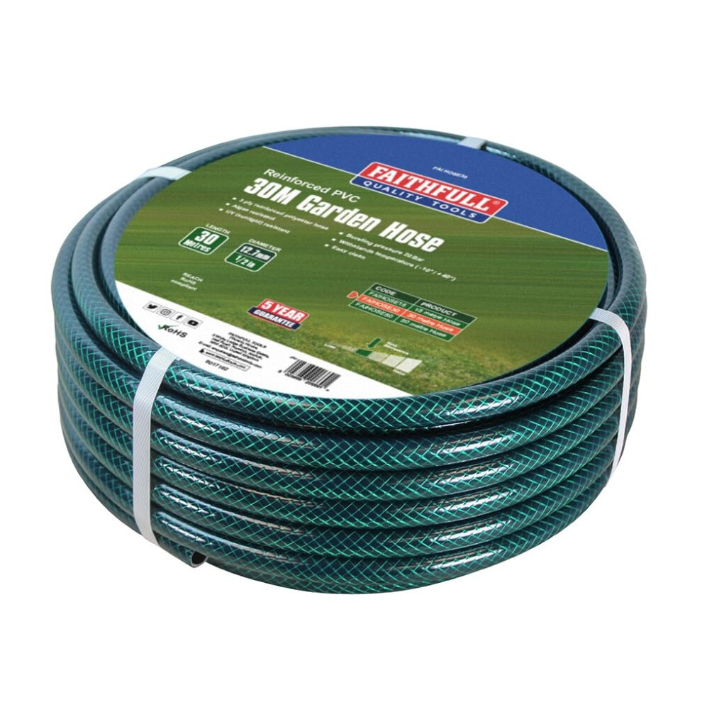 Faithfull 30M (98ft) Reinforced Hose 12.7 mm (1/2 Inch) Diameter ? PVC Garden Hose Pipe