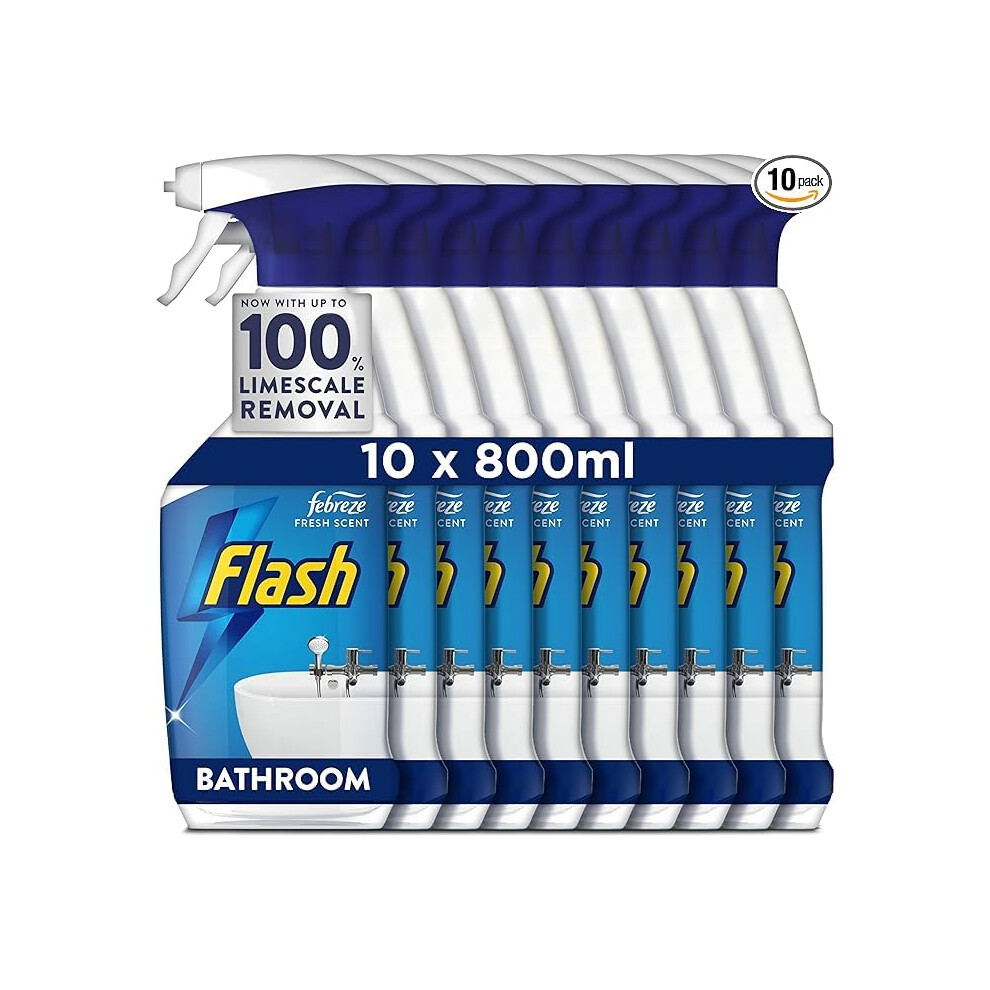 Flash Bathroom Cleaner Spray, 8 Litres (800 ml x 10), Bathroom Cleaning, Limescale Remover & Long Lasting Shine With Febreze Freshness, Bath Cleaner