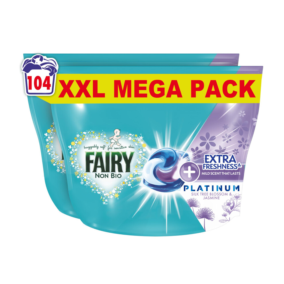 Fairy Non Bio Platinum PODS? Washing Liquid Capsules, 104 Washes (52x2), Silk Tree Blossom & Jasmine, With Extra Freshness For Sensitive Skin