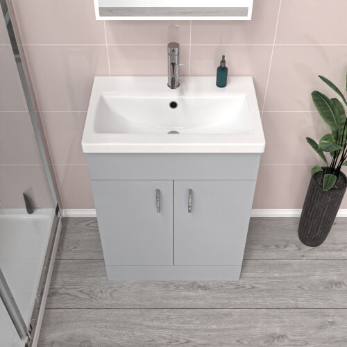 NES Home Nes Home Matte Grey 600mm Floor Standing Vanity Unit & White Basin 2