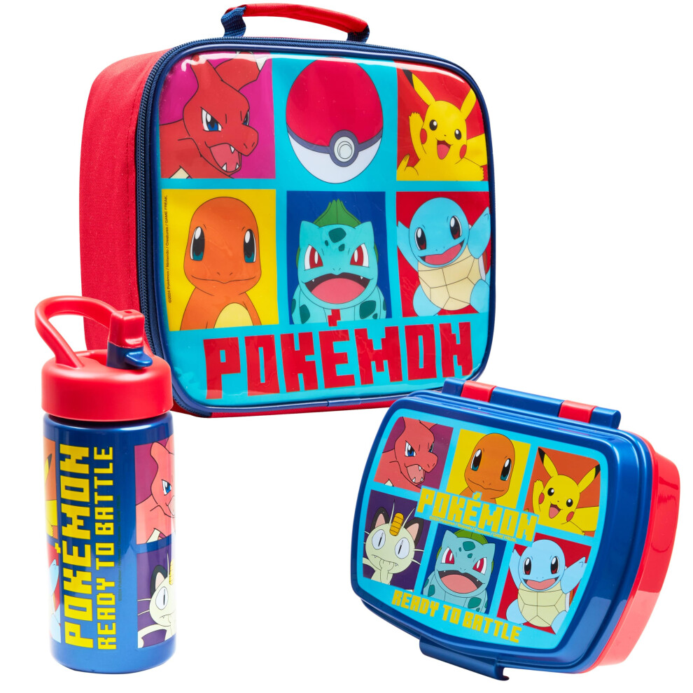Pokemon Kids Insulated Lunch Bag, Box and Bottle, 3 Piece Set - Anime Gifts (Red/Blue)
