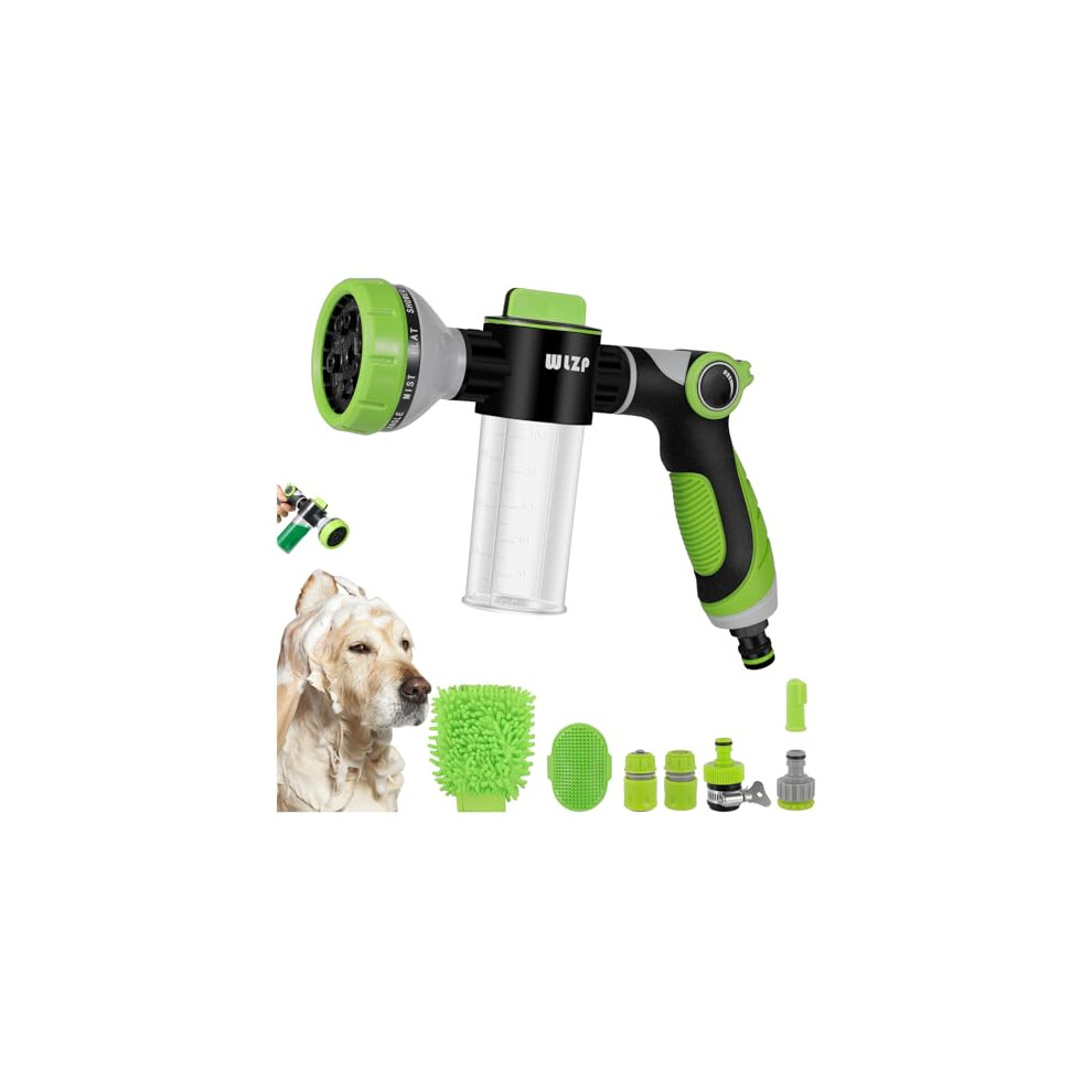 10 Spray Pattern Dog Wash, 8 Pieces Tool Include Hose Nozzle Foam Sprayer with Connectors, Attachment with Pet Bath Brush Car Wash Mitt and Dog Comb