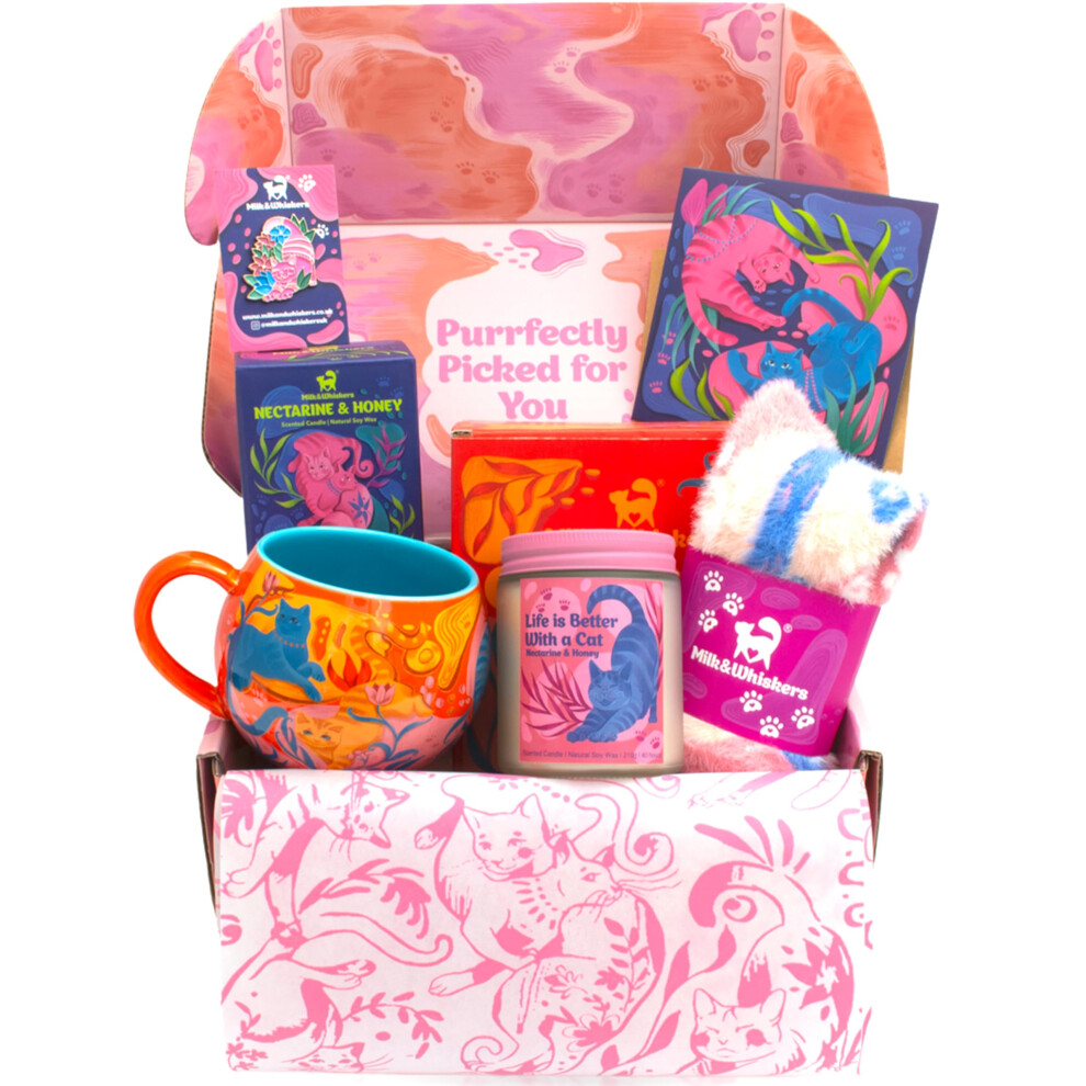 Milk & Whiskers Cat Gifts for Women | Hand-Illustrated Cat Gift Box with Large Cat Mug, Scented Candle, Luxury Fluffy Socks & More | Cat Gifts, Cat