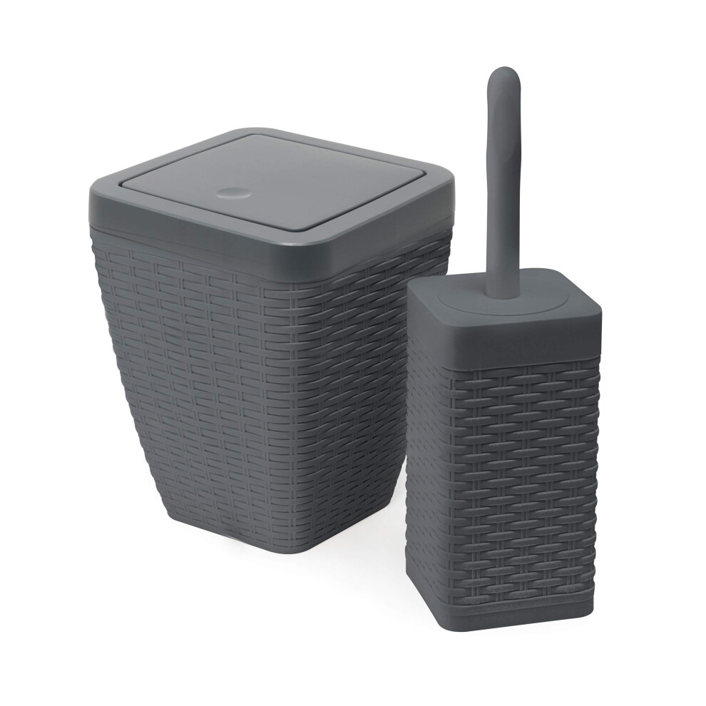 Addis Faux Rattan Square Bathroom Set Includes Swing Bin & Toilet Set Brush, Calico Linen - Faux Leather Plastic, Charcoal