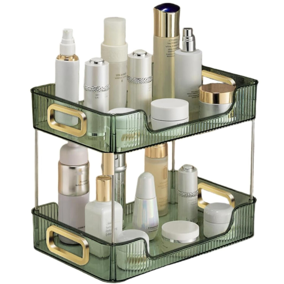 Cestativo Bathroom Counter Organiser, 2 Tier Vanity Tray, Cosmetic Makeup Storage Shelf, Bathroom Skincare Organiser Counter Shelf, Green