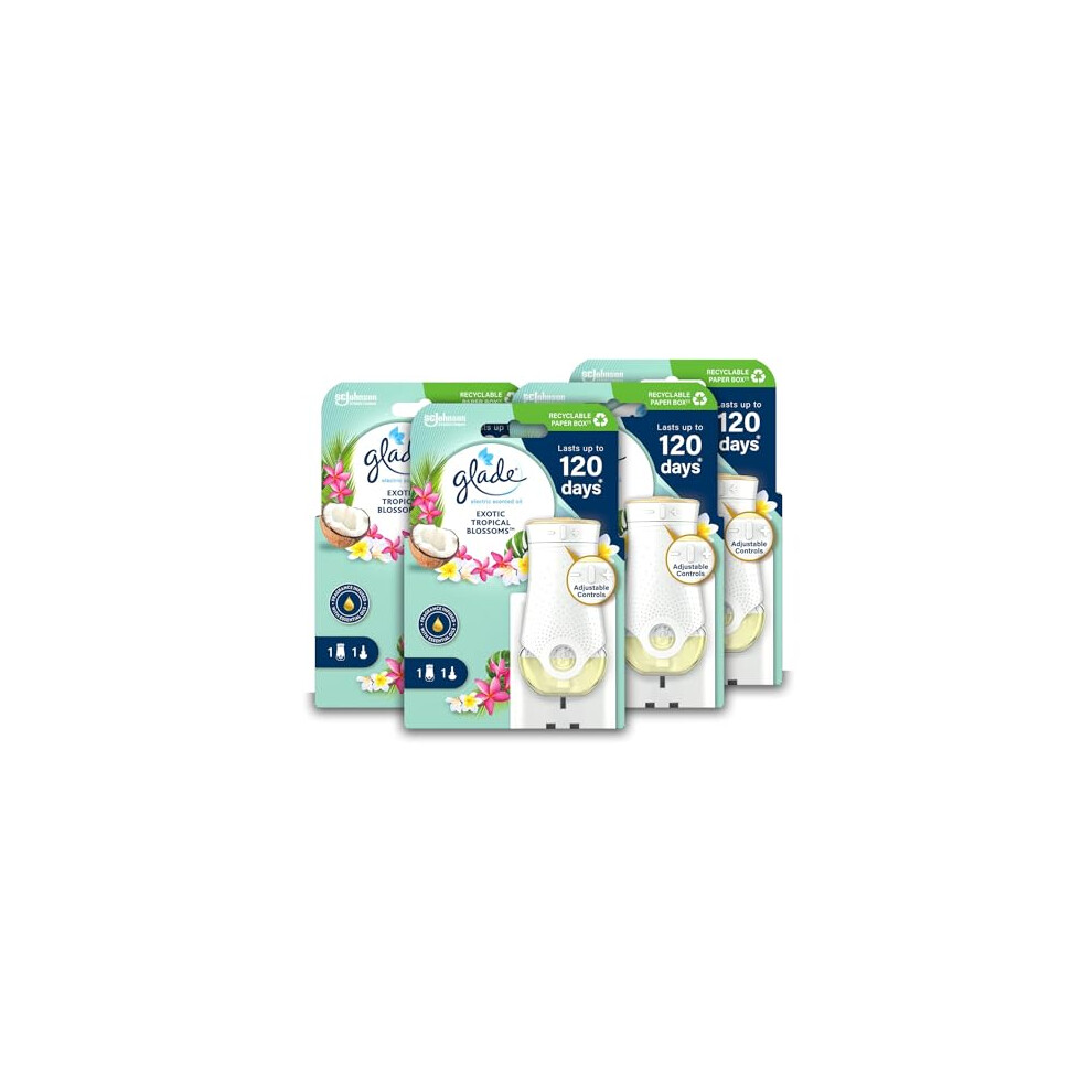 Glade Plug in Air Freshener Holder and Refill, Electric Scented Oil Room Air Freshener, Tropical Blossoms, Pack of 4 Starter Kits, (4 x Holder and 4 x
