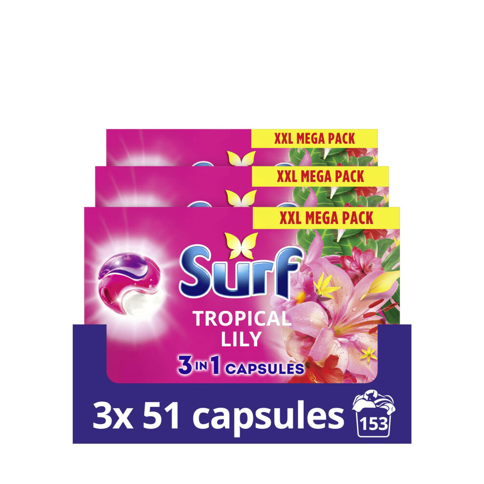 Surf 3 in 1 Tropical Lily Laundry Washing Detergent Capsules 153 washes (3x 51 capsules) joy-infused fragrance with natural essential oils lasting up