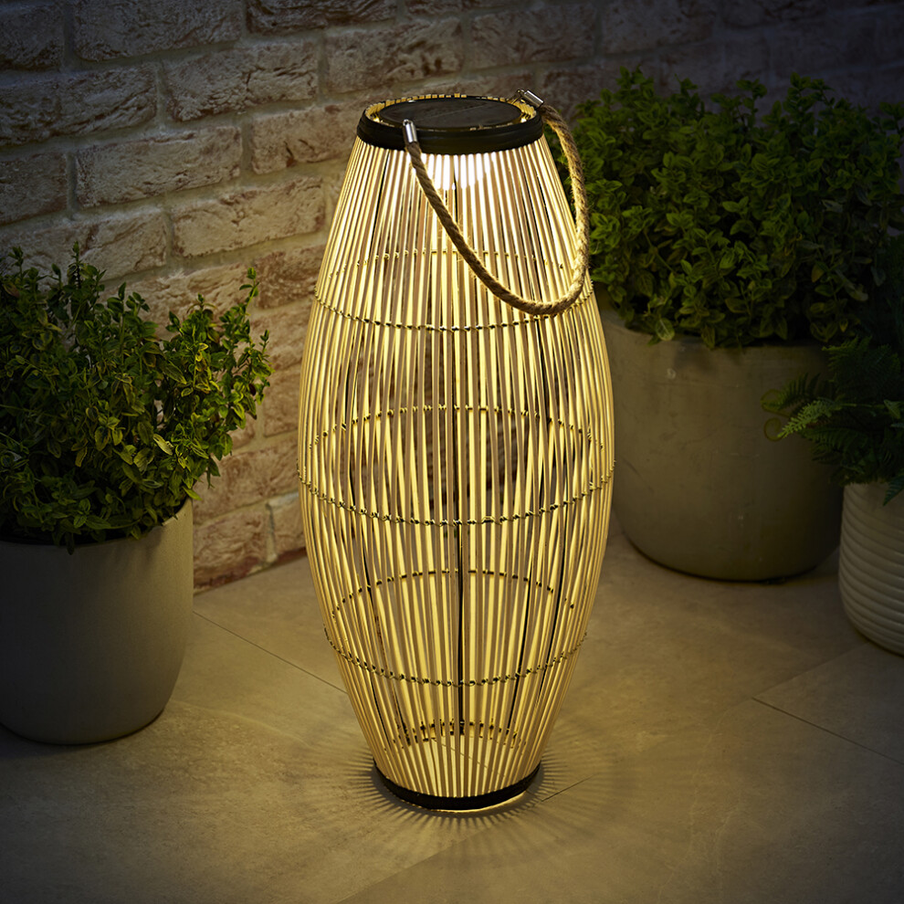 ValueLights Natural Bamboo Solar Powered Outdoor Floor Lamp Drum Shade