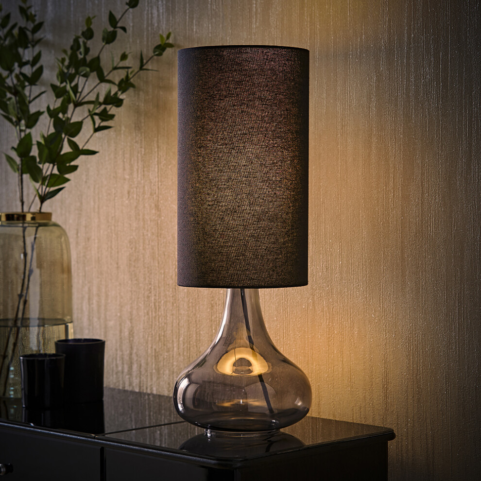 ValueLights Sylvie Black Tall Shade Smoked Glass Table Lamp & Bulb