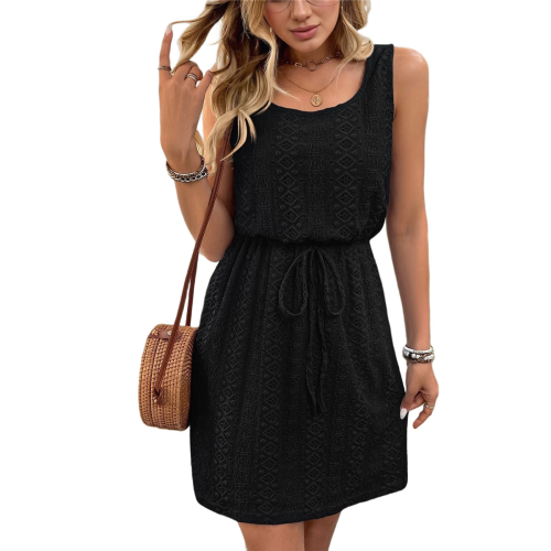 Mini abito da donna con coulisse e texture traforata, nero, XL 2