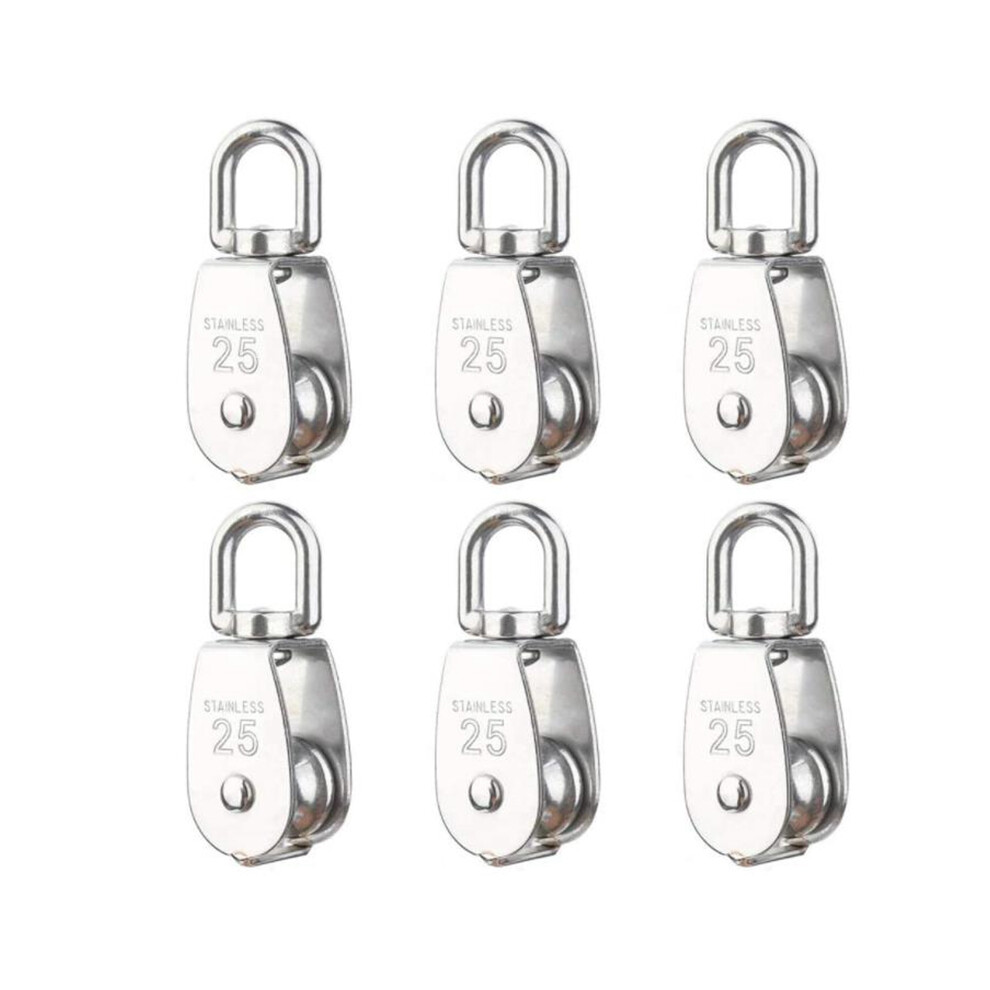 6 Pack M25 Lifting Single Pulley Roller,304 Stainless Steel Single Wheel Swivel Lifting Rope Pulley Block For Wire Rope 4853440854636
