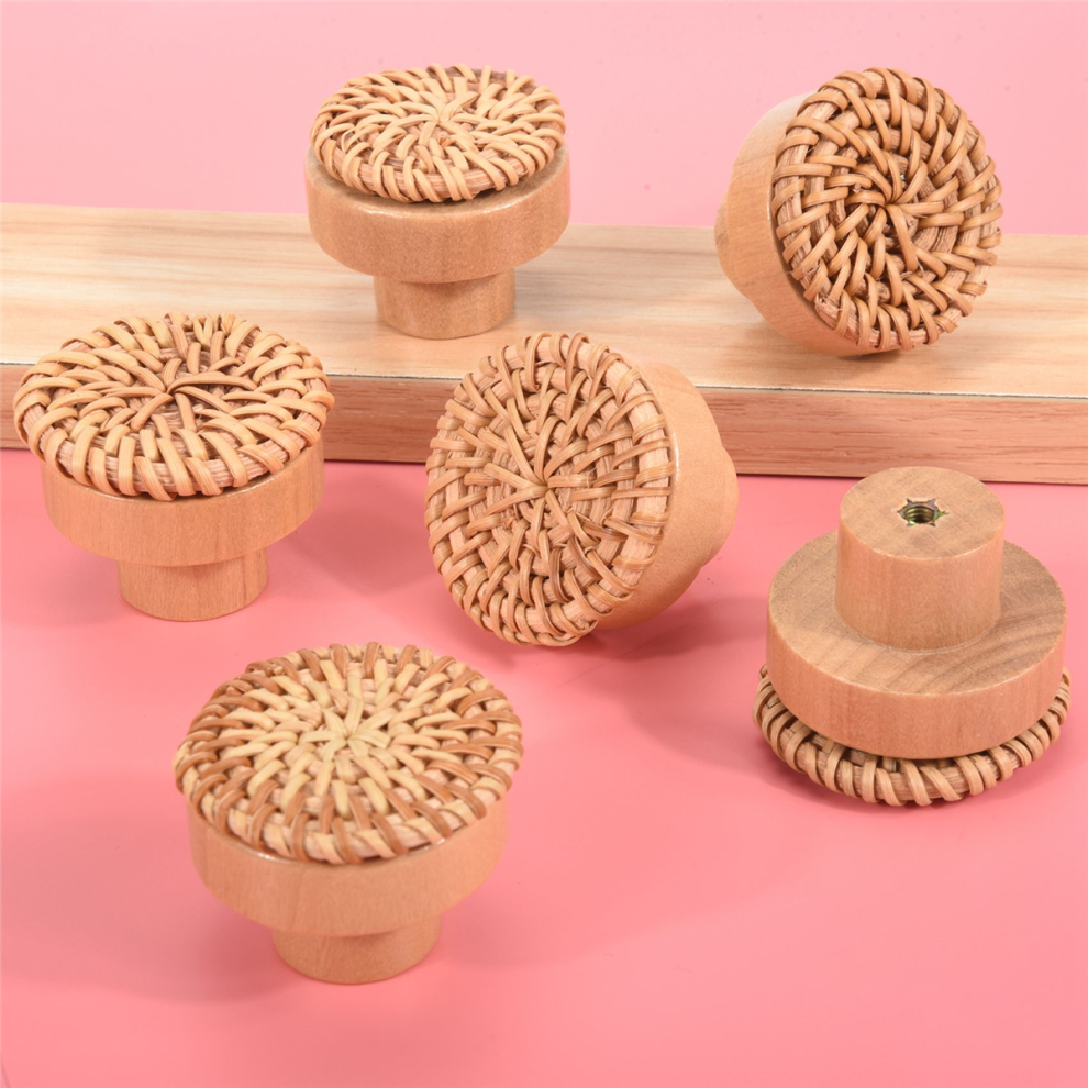 Boho Rattan Dresser Knobs Round Wooden Drawer Handmade Wicker Woven And Screws For Furniture 12Pcs 4854089740304