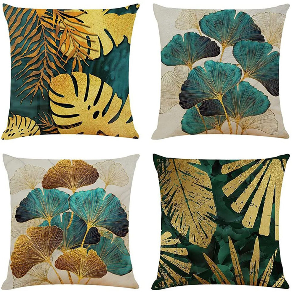 Lot de 4 housses de coussin carrées en lin à motif feuilles vertes et dorées, 45 x 45 cm