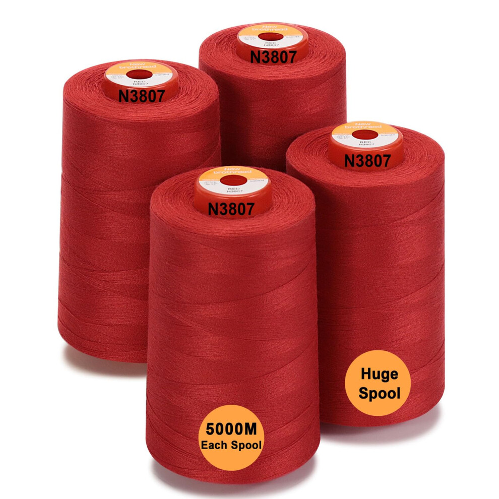 New Brothread - 28 Opzioni - 4 Grandi Bobina Di 5000M Per Tutti Gli Usi Filo Da Cucito In Poliestere 40S/2 (Tex27) Per Cucito, Quilting, Patchwork, Serger E Overlock - Red-image