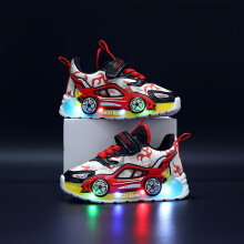 (Black Red, 9 Little Kid) Kids Light-Up Sneakers | Cartoon Car Design, LED Running Shoes for Boys & Girls, Casual All-Season Mesh Upper