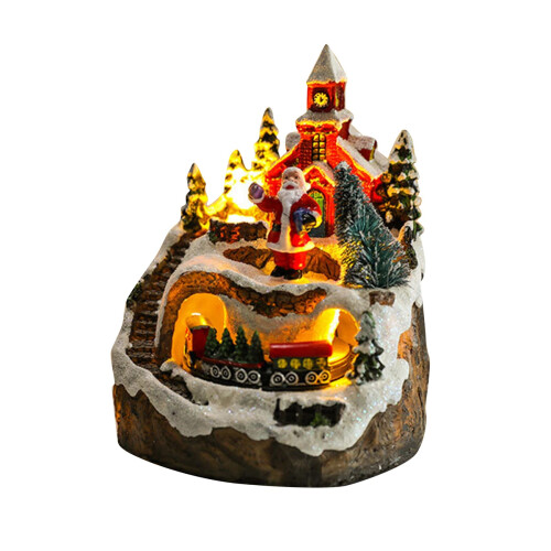 Houses Sets Rotating Train Display Figurines LED Light Up Musical Christmas Holiday Decoration Santa