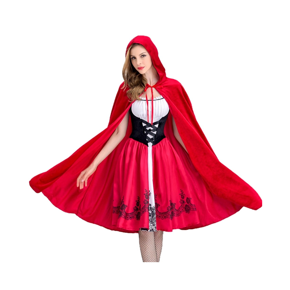 Typecat Red Women's Gothic Riding Hood Costume Hooded Cloak Christmas Halloween Party Dress With Cape Adult Role-Playing M