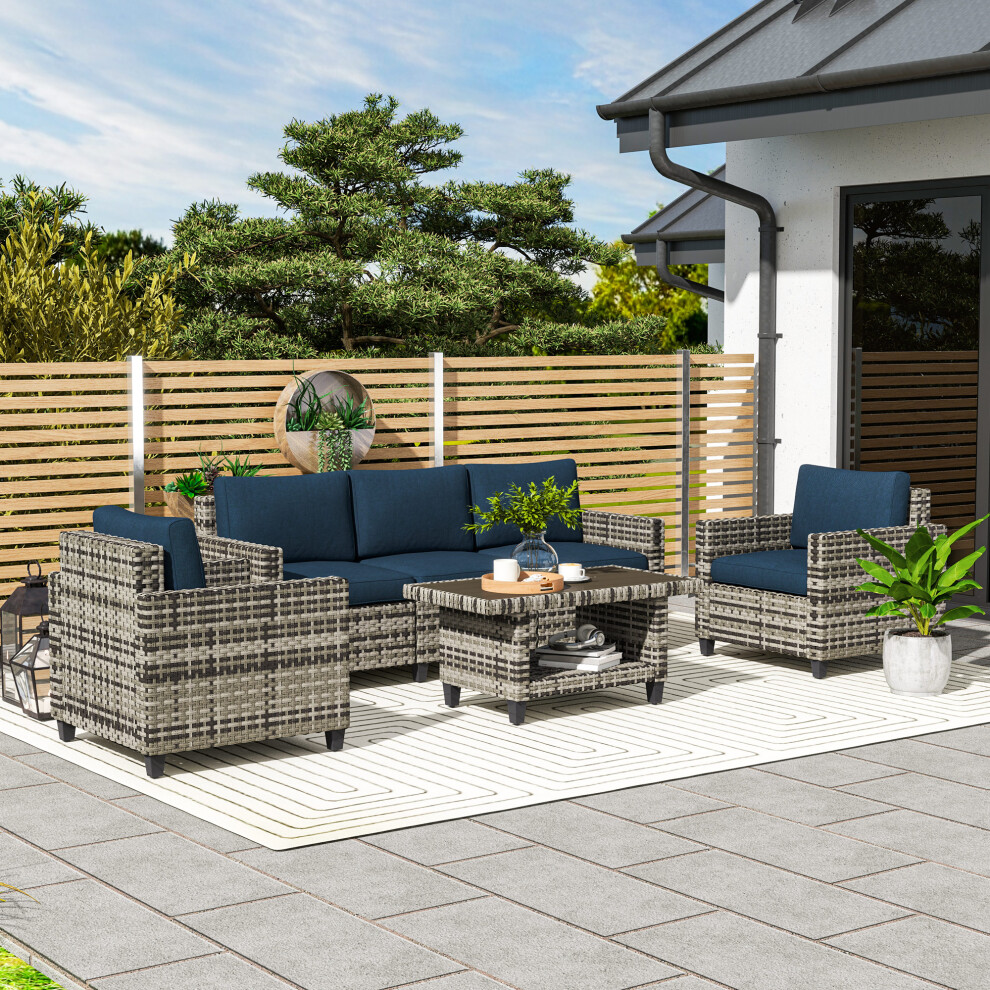 Outsunny 5 Seater Wicker Outdoor Furniture Set for Balcony, Navy Blue