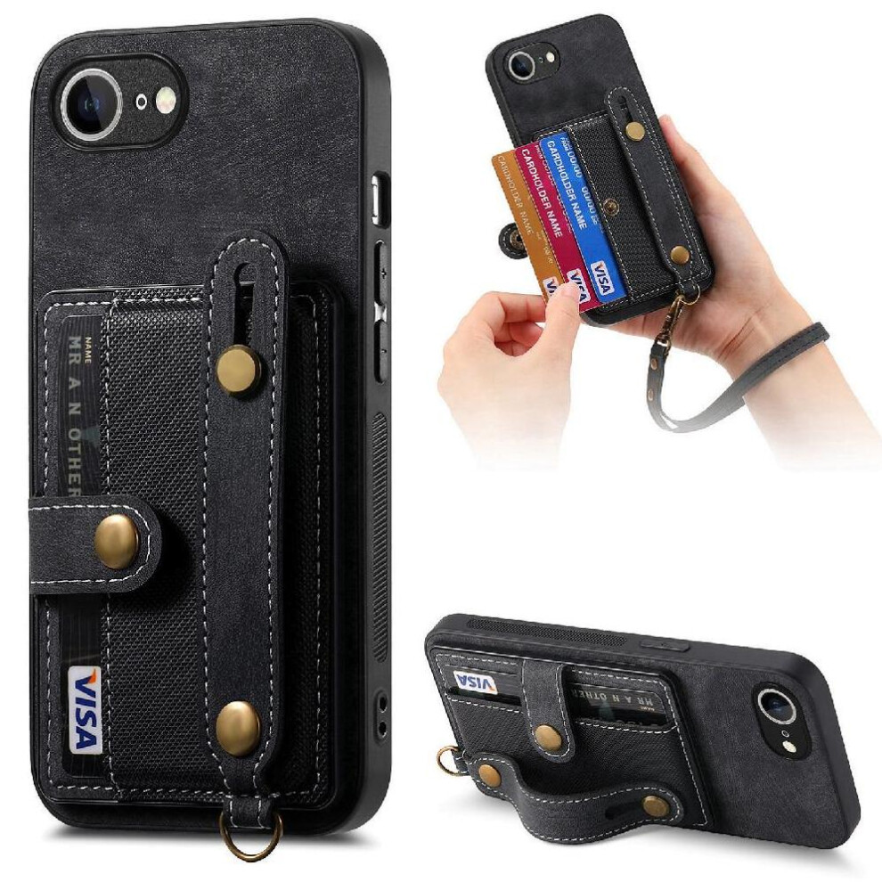 (Black) Case For Iphone 16E Strap Shockproof Wristband Wallet Black 764544147217