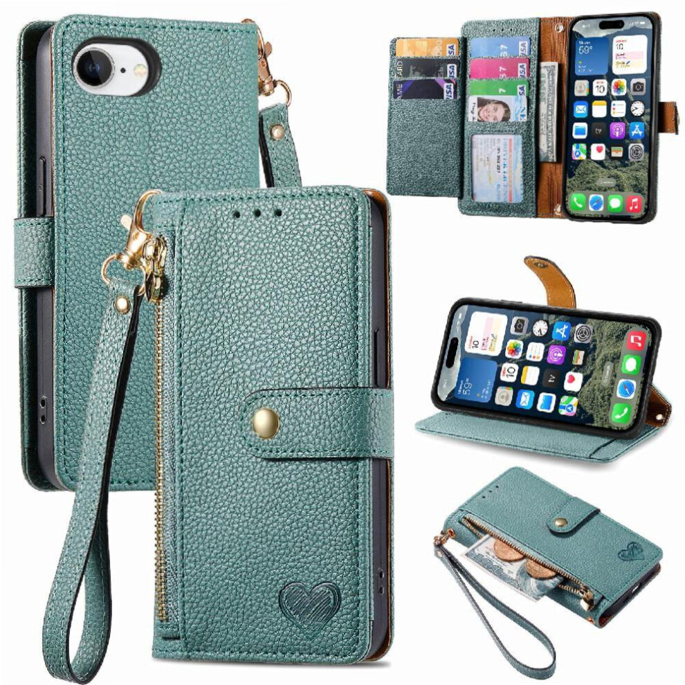 (Green) Case For Iphone 16E Leather Case Love Wallet Zipper Lanyard Green 764544147729