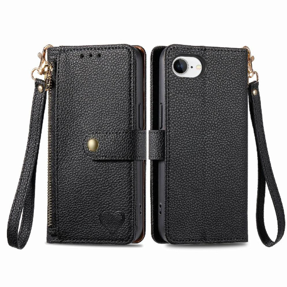 (Black) Case For Iphone 16E Leather Case Love Wallet Zipper Lanyard Black 764544147736