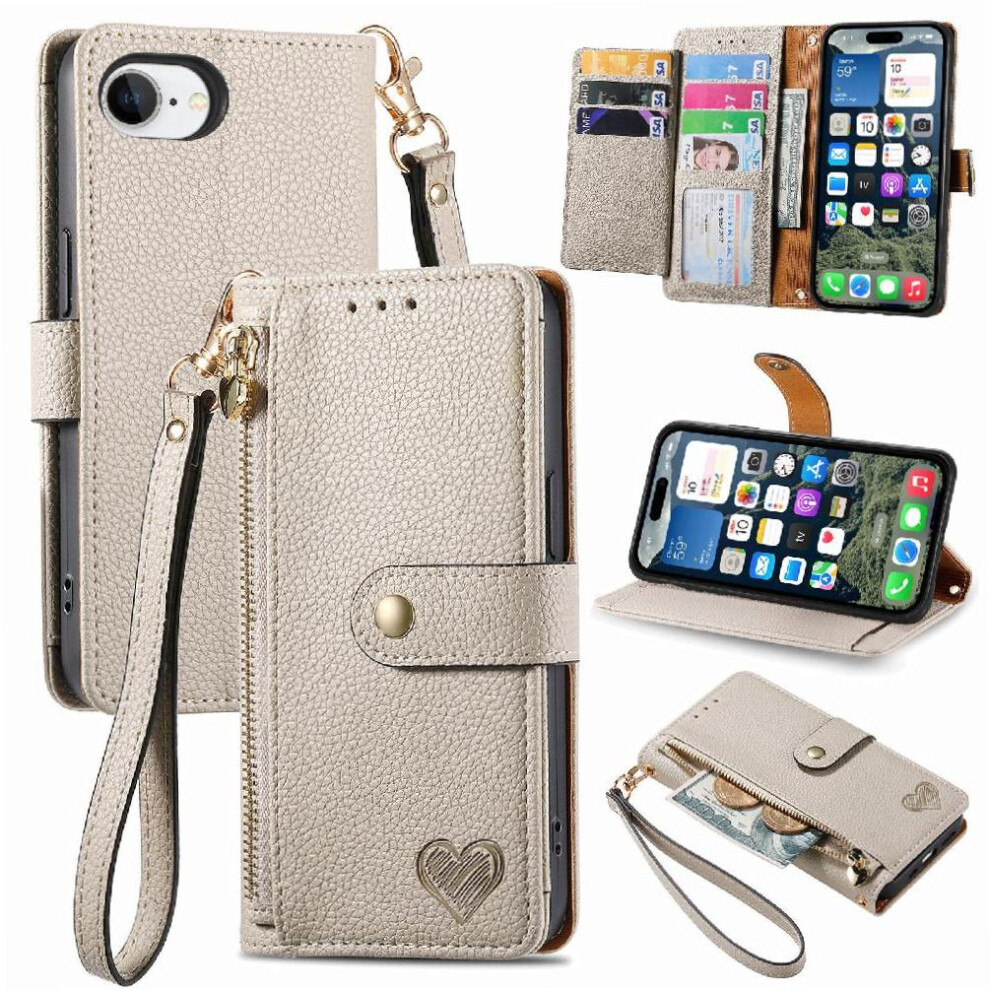 (Silver) Case For Iphone 16E Leather Case Love Wallet Zipper Lanyard Silver 764544147743