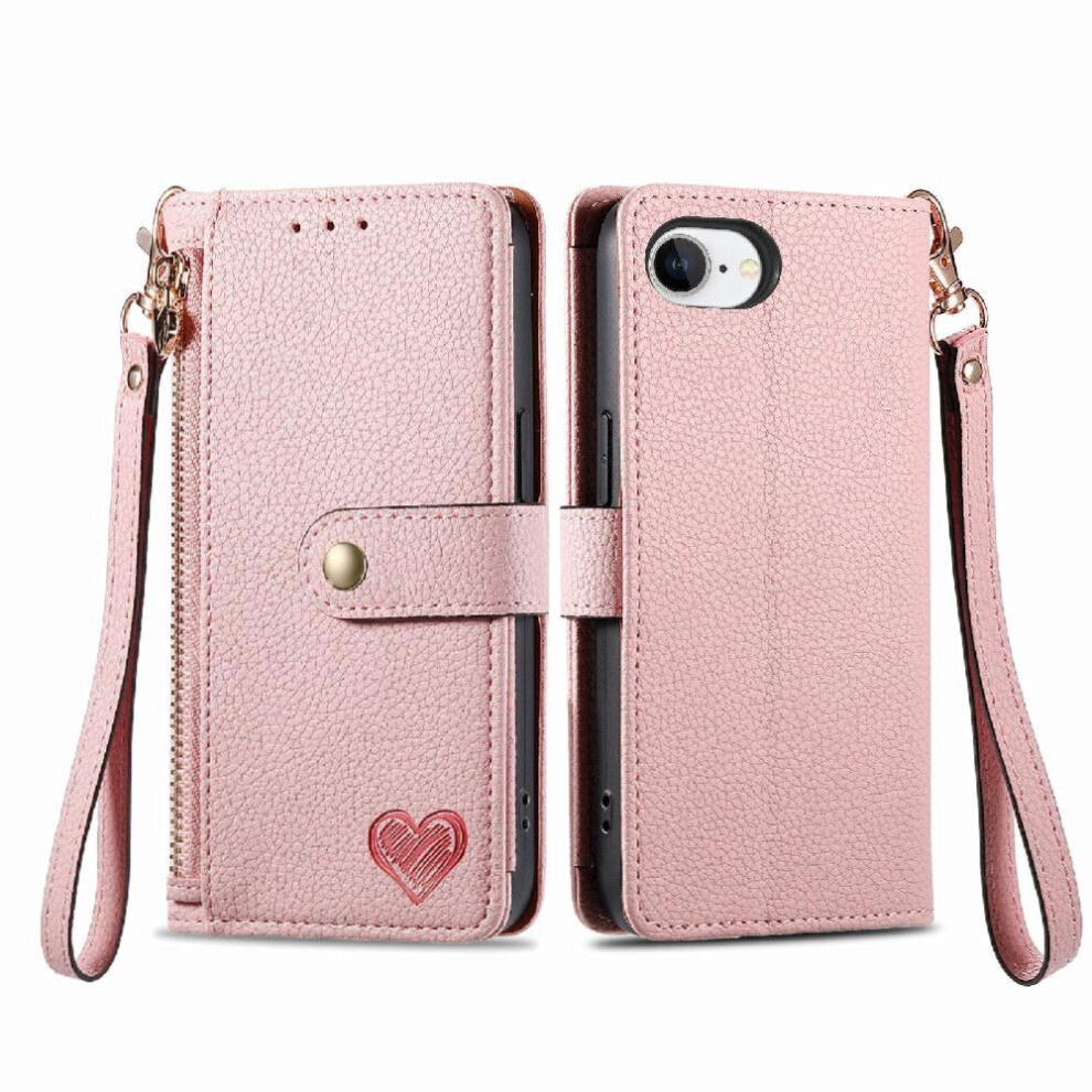 (Pink) Case For Iphone 16E Leather Case Love Wallet Zipper Lanyard Pink 764544147705