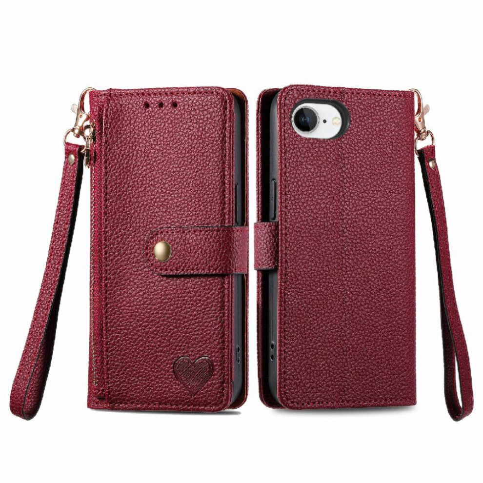 (Red) Case For Iphone 16E Leather Case Love Wallet Zipper Lanyard Red 764544147712