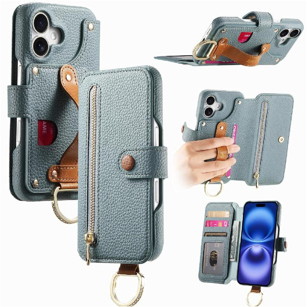 (Blue) Compatible With Iphone 16 Case Crad Slot Stand Wallet Zipper Wristband Blue 764544148054