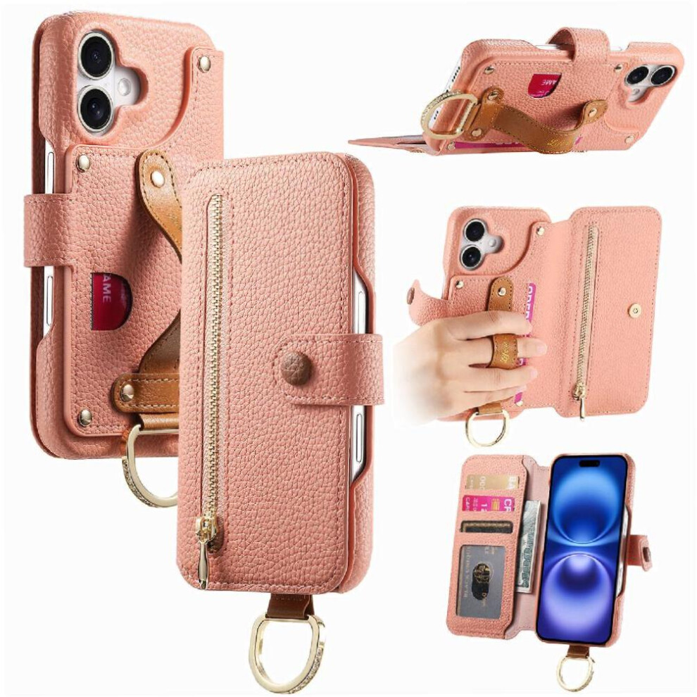(Pink) Compatible With Iphone 16 Case Crad Slot Stand Wallet Zipper Wristband Pink 764544148009