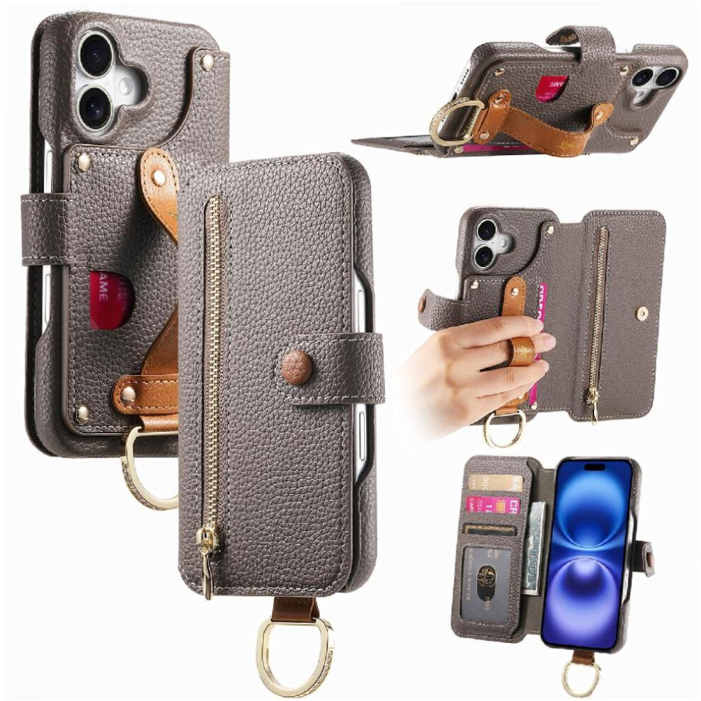 ( ) Compatible With Iphone 16 Case Crad Slot Stand Wallet Zipper Wristband Gray 764544148023
