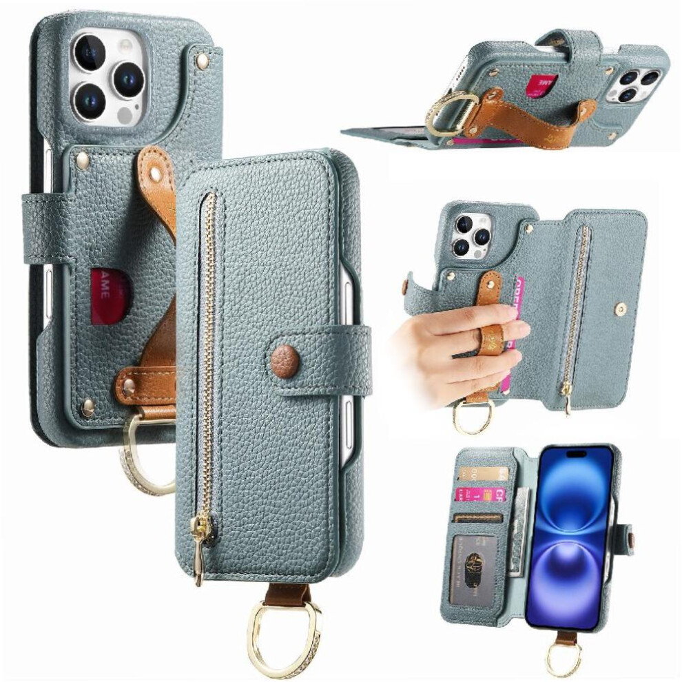 (Blue) Compatible With Iphone 16 Pro Case Wristband Stand Zipper Crad Slot Wallet Blue 764544148191