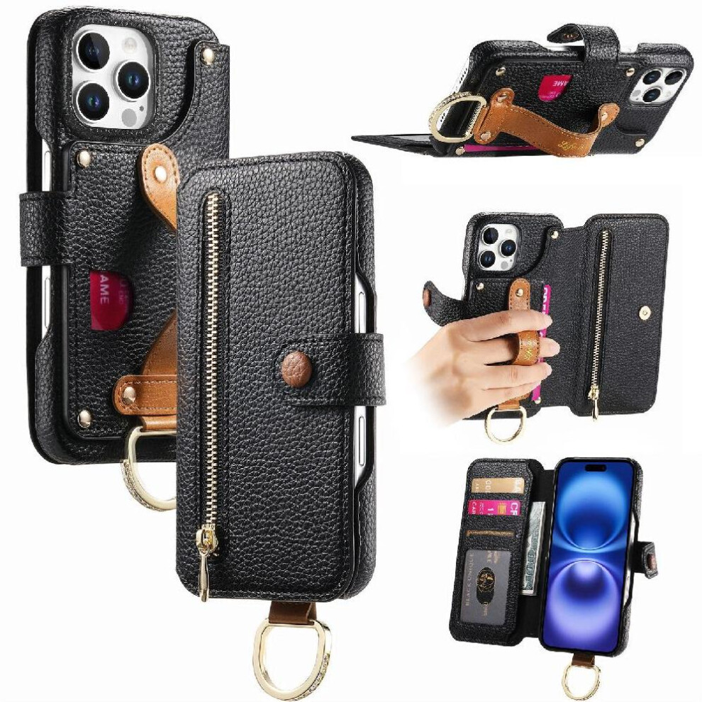 Photos - Case Compatible with iphone 16 Pro Wristband Stand Zipper Crad Slot Wallet(Black)