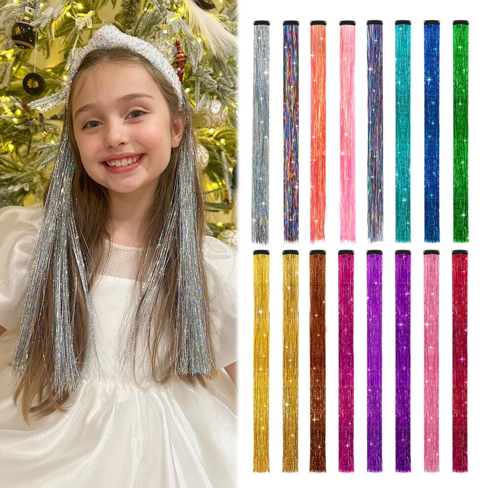 Mykurs Ciocche Capelli Per Bambine Glitter Clips, Extension Bambina Capelli Colorati, 16 Pcs-image