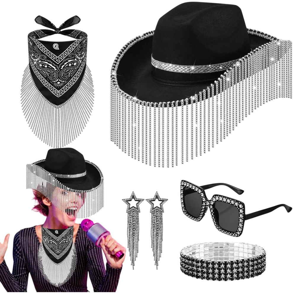 Cowgirl Hat Bling Set - 5X Glitter Cowboy Hat Set,Costume Accessories for Women Cosplay Halloween, Sunglasses Bling Bracelet Tassel Earrings Bandana