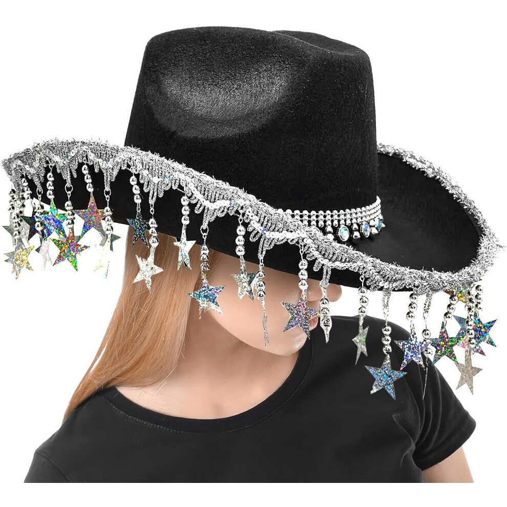 (Black) Girls Cowgirl Hat With Tassel,Glittering Cowgirl Hat Party Costumes | Glittering Headgear With Five-Pointed Star Tassels For Women Masquerade Event