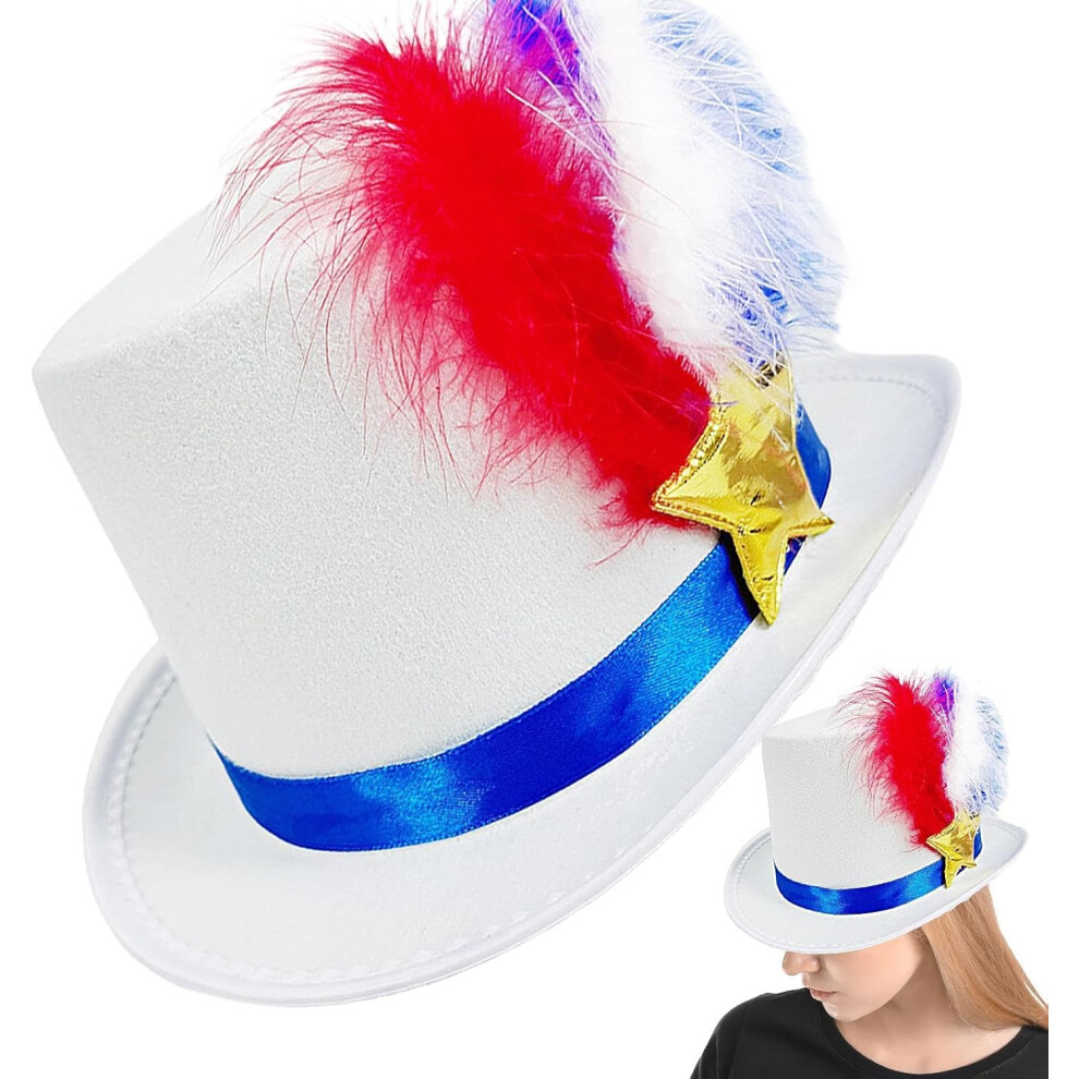 (White) Patriotic Hats For Men | Star Fourth Of July Feather Top Hat | Funny Festive Headdress, Costume Accessory, Holiday Parade Prop For Independence Day