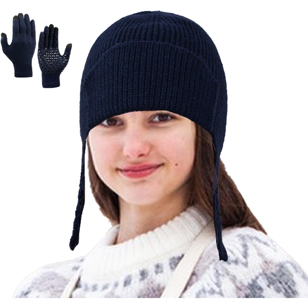 (Purplish Blue) Winter Hat and Gloves Set for Women - Elastic Women Knit Hats Women Winter Gloves - Women Snow Gloves Comfortable Knit Beanie Hats for Outdoor Activit