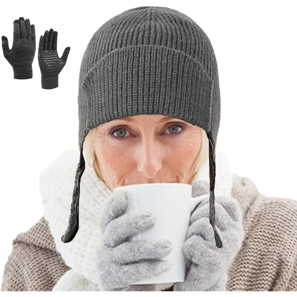 (Dark Gray) Winter Hat and Gloves Set for Women - Elastic Women Knit Hats Women Winter Gloves - Women Snow Gloves Comfortable Knit Beanie Hats for Outdoor Activit